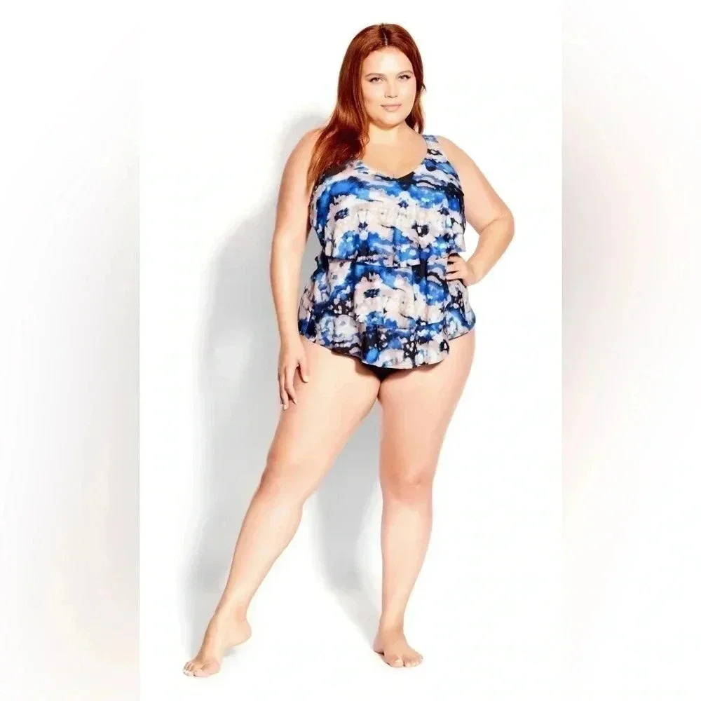 NWT Evans Blue Wave Print‎ Tiered Tankini Swim Top Women’s Size 22 Bathing Bra